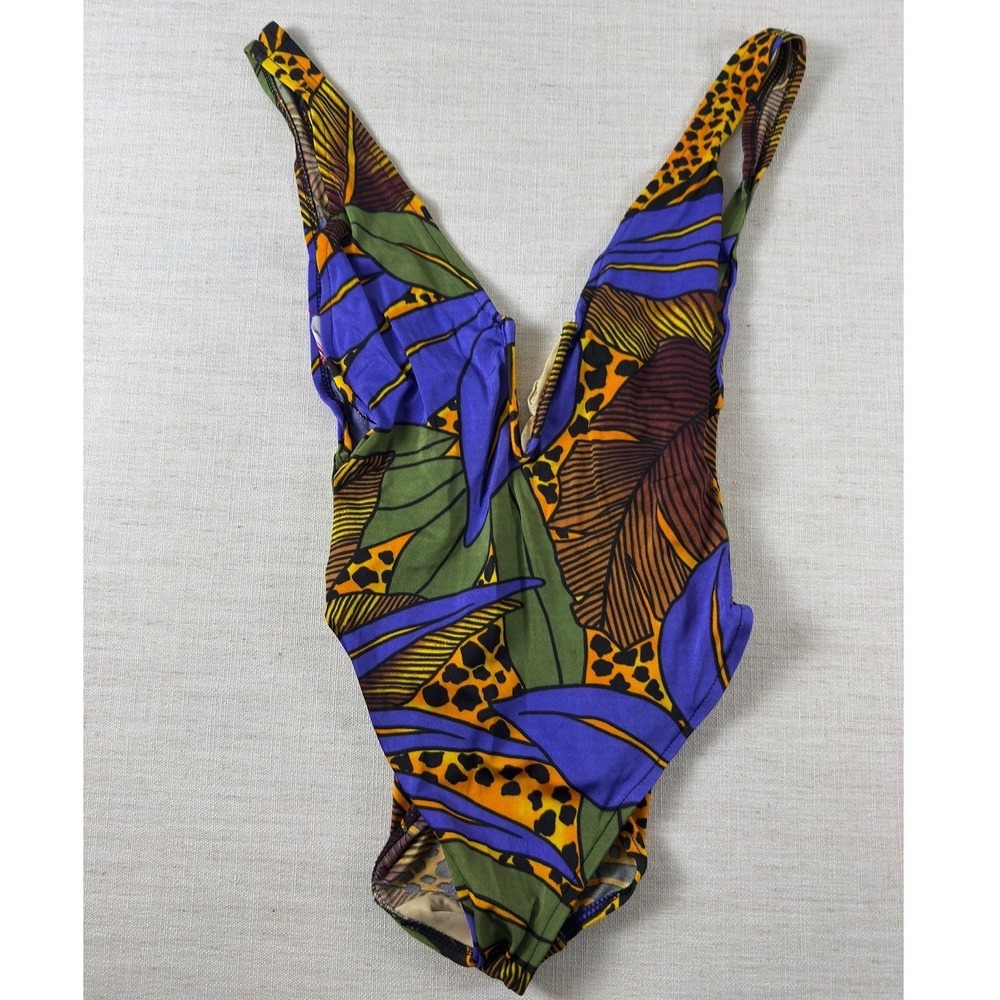 Cole of California Vintage Tropical Animal Print Deep V One Piece Swimsuit 8